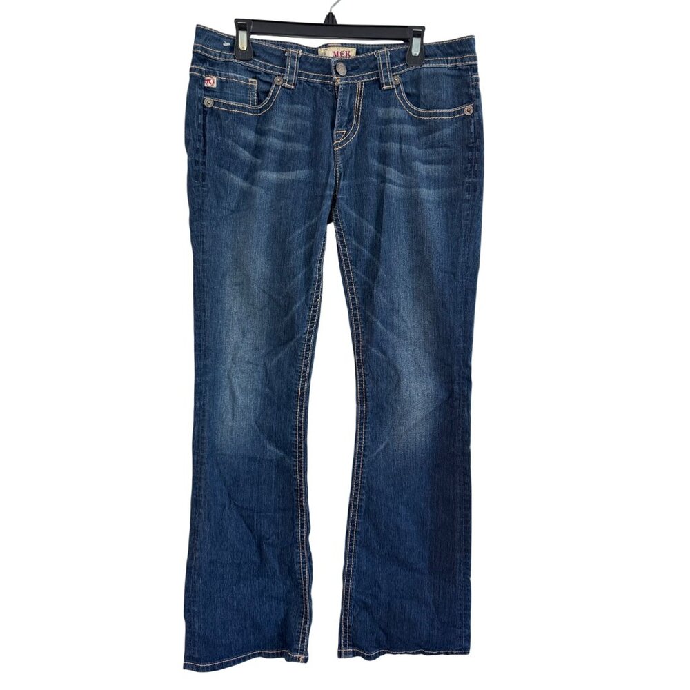 MEK Denim Orleans Boot Cut Jeans Size 31x34 Distressed Blue Embroidery Blend Mad